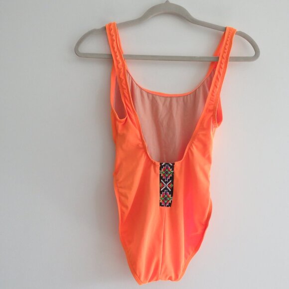VINTAGE GOTCHA 90s Neon Orange Aztec Embroidered Open Back Swimsuit - Size S - Picture 7 of 15